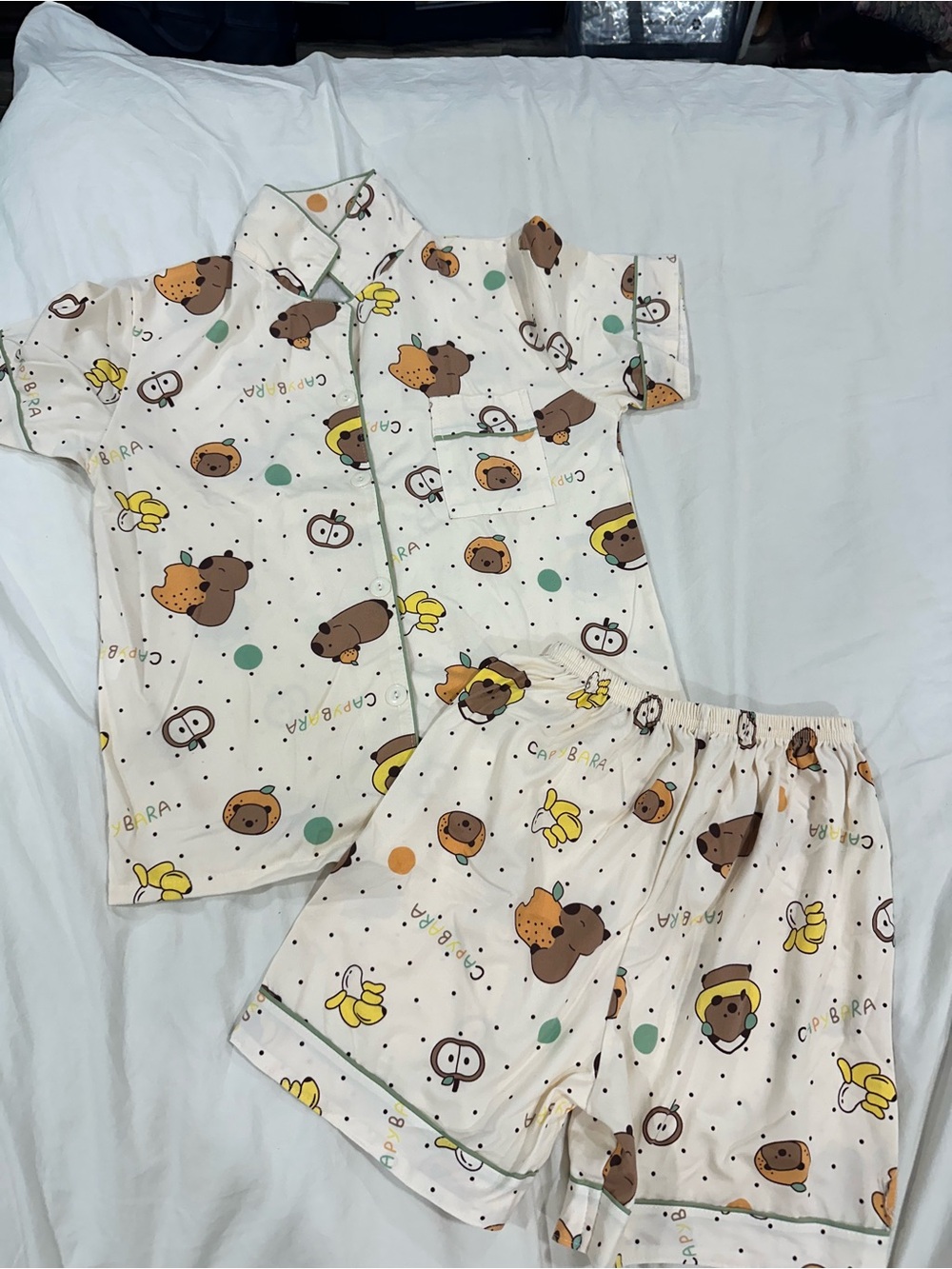 Kids Cream Bear Print Short Pajama Set